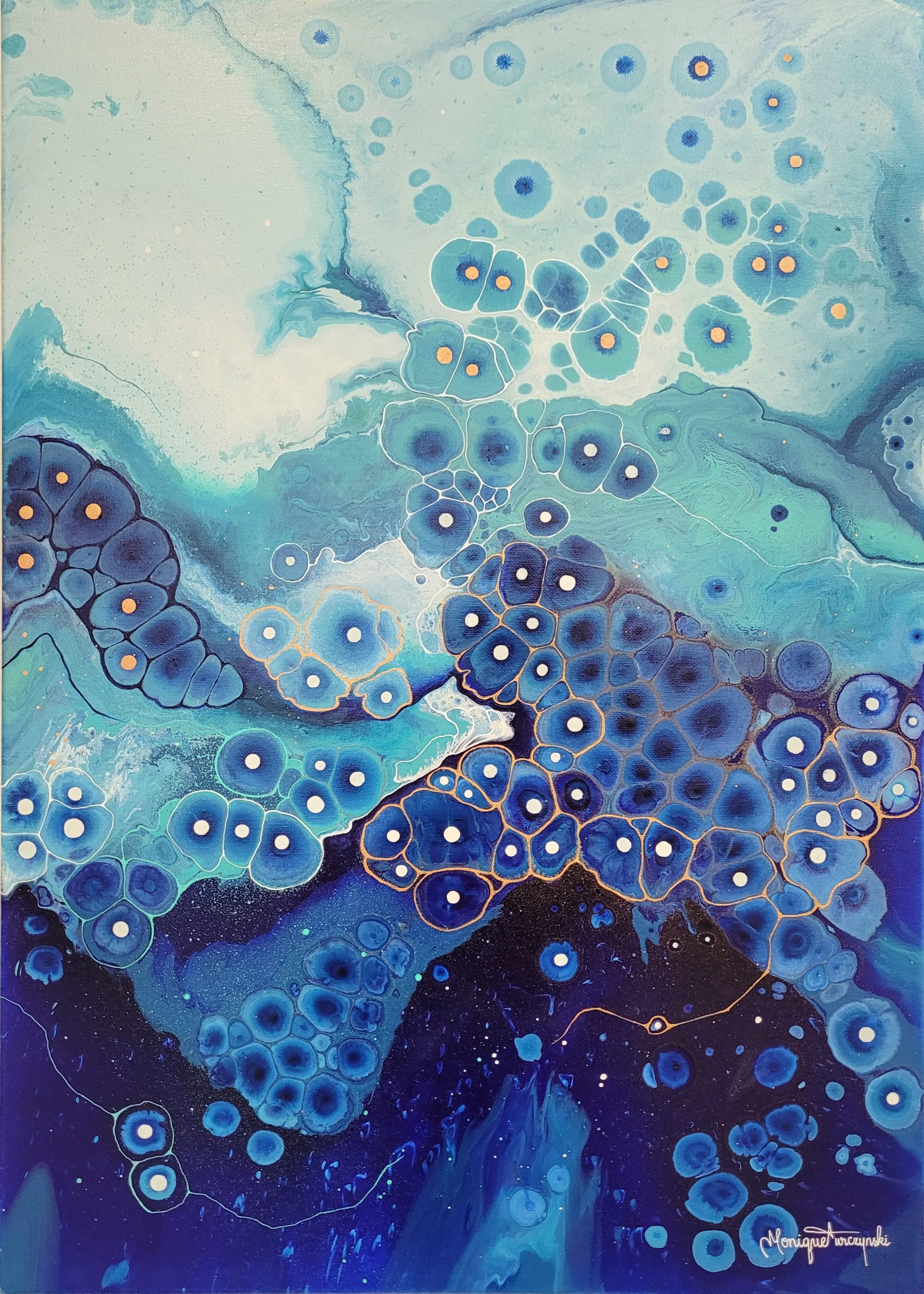 Poseidon I abstract acrylic painting with fluid blue, turquoise, and indigo tones, inspired by the sea god and the mystery of the ocean depths.